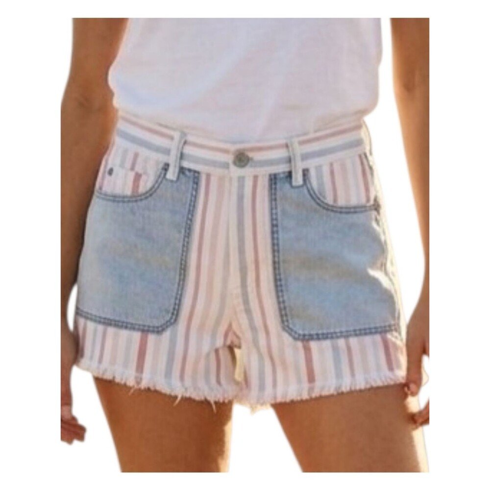 American Eagle High Rise Mom Jean Shorts Denim Pastel Striped Raw Hem Size 6